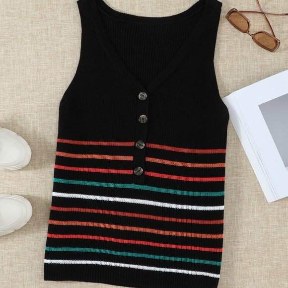 Black V Neck Striped Button Down Knit Tank - Picture 6 of 11